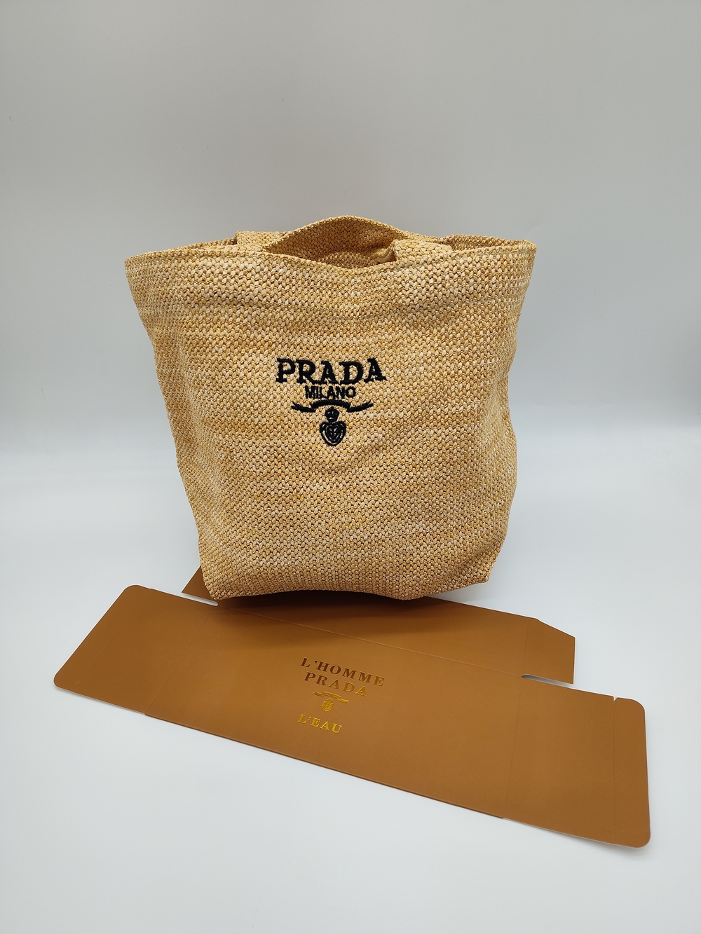 PRADA L’Homme L’Eau Raffia Woven Mini Tote Toiletry Pouch Bag Tan NIB